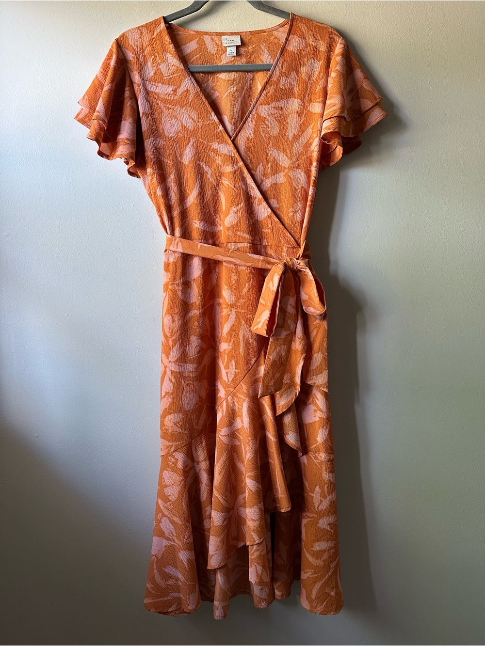 A New Day Ruffle Orange and Pink Floral Wrap Midi Belted Dress Size L Summer